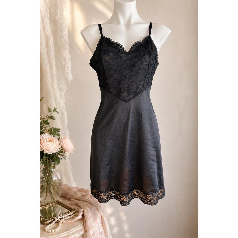 Vintage Vanity Fair Black Nylon Slip | Lace Bodice & Hem | Size 34